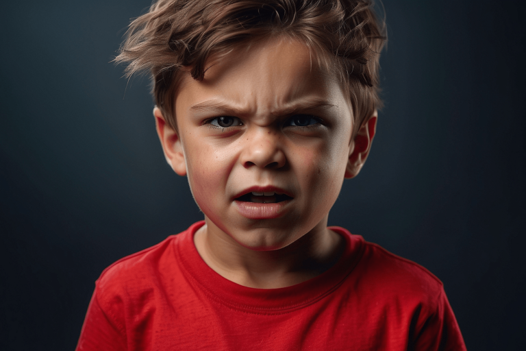 A young boy wearing a red t-shirt stares angrily into the camera, his brows furrowed and lips downturned. This image is related to a post about anger management for children