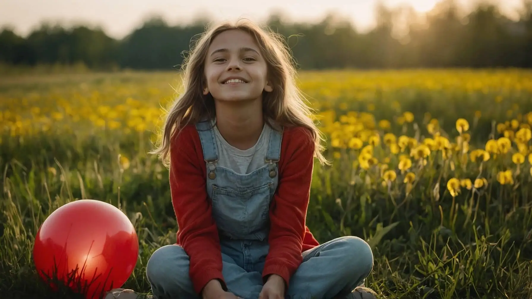 Smiling girl sits on a dandelion field. Red balloon lays beside her.