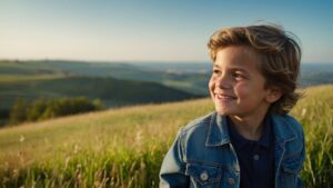 Smiling boy in jeans jacket looks into distance. Grass hills in background.