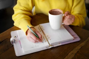 woman drinking hot chocolate cafe